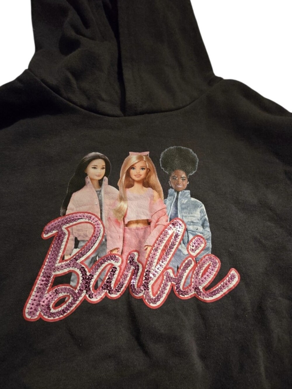 Barbie Black Hoodie with Pink Sparkle Logo & Multi-Color Doll Graphic Size 4 EUC